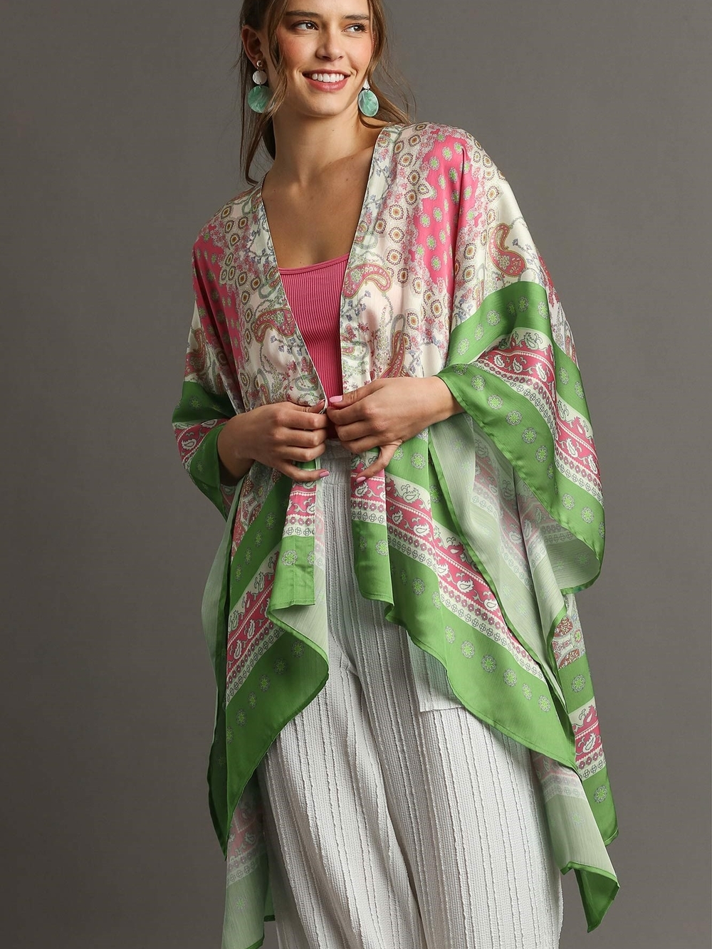 Pink & Green Paisley Draped Kimono